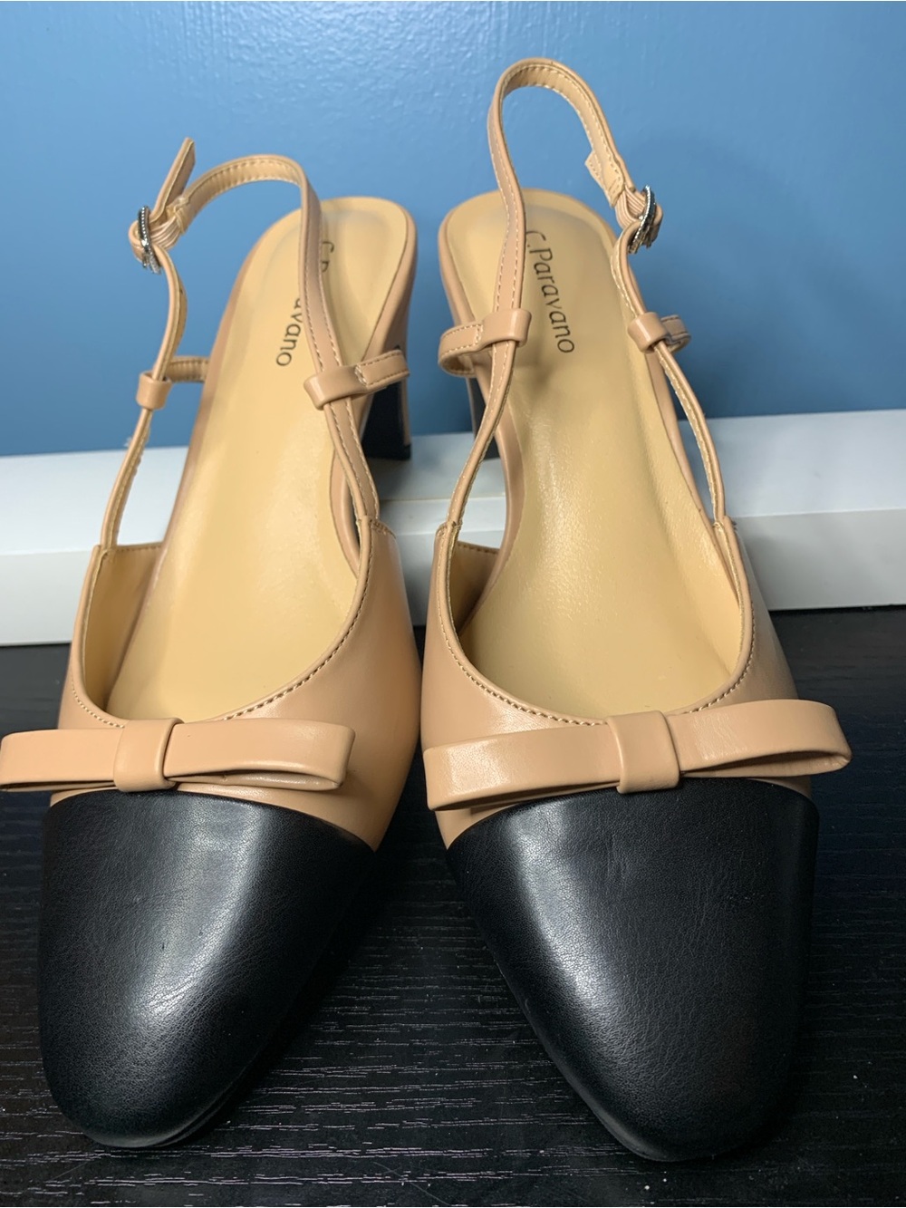 C. Paravano Beige and Black Two-Tone Slingback Heels with Bow Accent